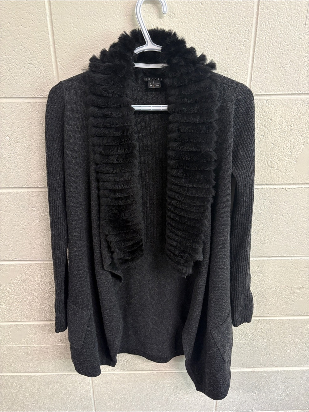 Theory Black Open Cardigan with Faux-Fur Trim